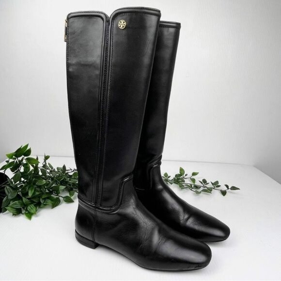 Tory Burch Leather "Irene" tall riding Boot gold logo style 5444 size 6.5 - Picture 1 of 11